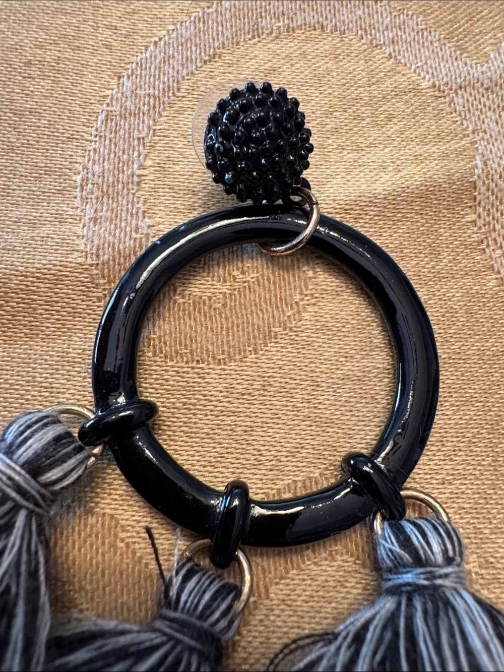 Black and Gray Tassel Hoop Earrings